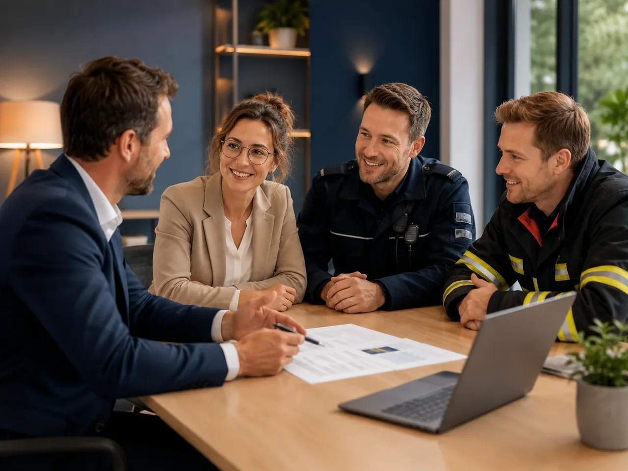 Beratungssituation mit Berater, Lehrerin, Polizeibeamtem und Feuerwehrbeamtem